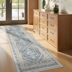 Runner Rug 2x8 Runners for Hallways Non Slip Washable, Vintage Hallway Runner Rugs for Living Room, Low Pile Soft Hallway Rug for Kitchen Bedroom Laundry Room(Blue/Beige,2'x8')