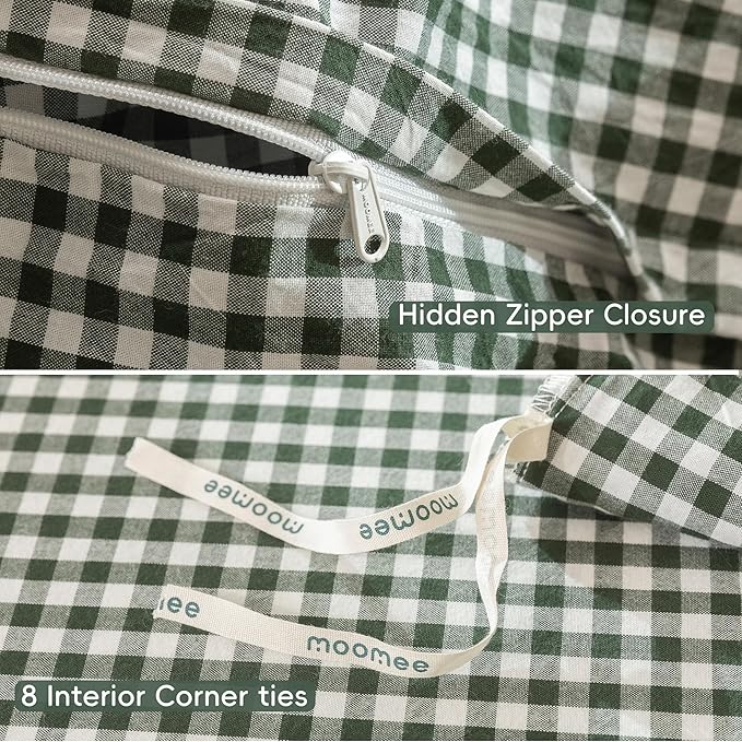 MooMee Gingham Duvet Cover Set 100% Washed Cotton Linen Like Textured Breathable Durable Soft Comfy Modern Checkered Design (Mini Gingham Forest Green, Twin 68"x90")