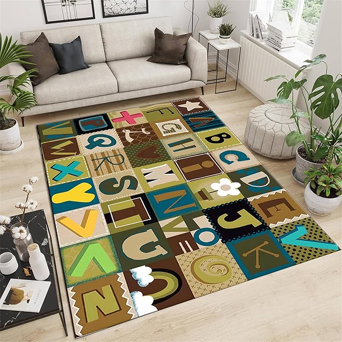 ABC Education Area Rug Children's Range of Rugs for Learning English Letters and Math Symbols Prints Retro Multicolor Patchwork Carpet Kids Gaming Throw Rugs for Nursery Dorm Classroom, 5x7ft