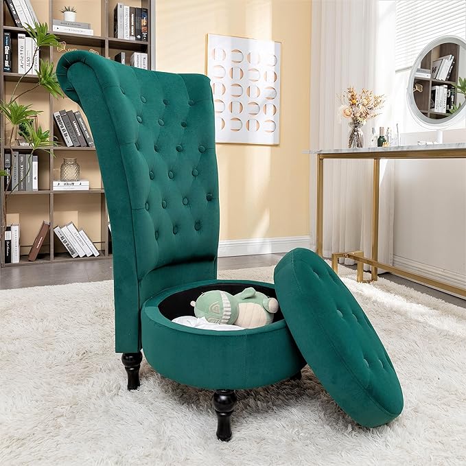 Royal High-Back Velvet Accent Chair for Vanity with Storage and Luxurious Upholstery, Retro Design and Versatile Usage for Living Room, Bedroom, Lounge and Office, Green