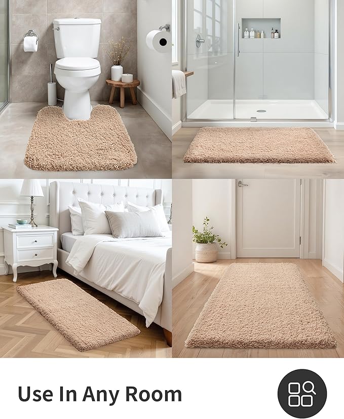 ILANGO Beige Bathroom Rugs 60" × 24" Non Slip & Super Absorbent Extra Thick Soft, Washable Bath Carpet Runner for Floor, Microfiber Plush Shaggy Bath Mats with Rubber for Bedroom Bathtub Shower Room