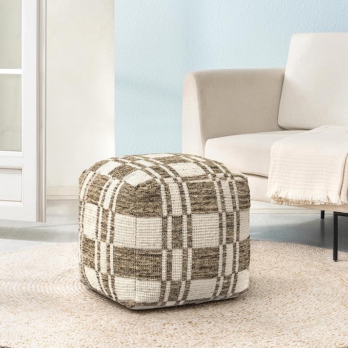 Anji Mountain Artisan Crafted Cotton Blend Pouf Ottoman | Versatile Floor Seating & Footstool for Living Room | Modern Boho Home Décor Accent | Filled Pouffe