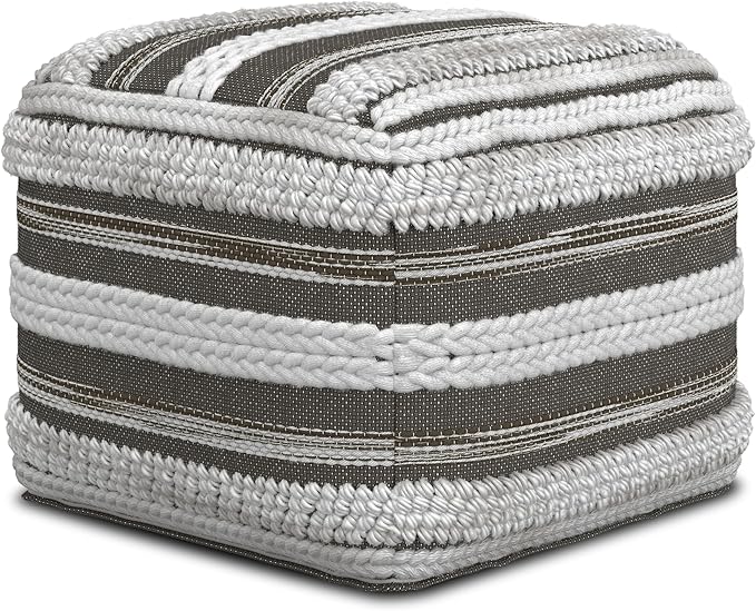 SIMPLIHOME Sommer Boho Square Pouf in Natural/Taupe Grey Handloom Woven Pattern for the Living Room, Bedroom and Kids Room