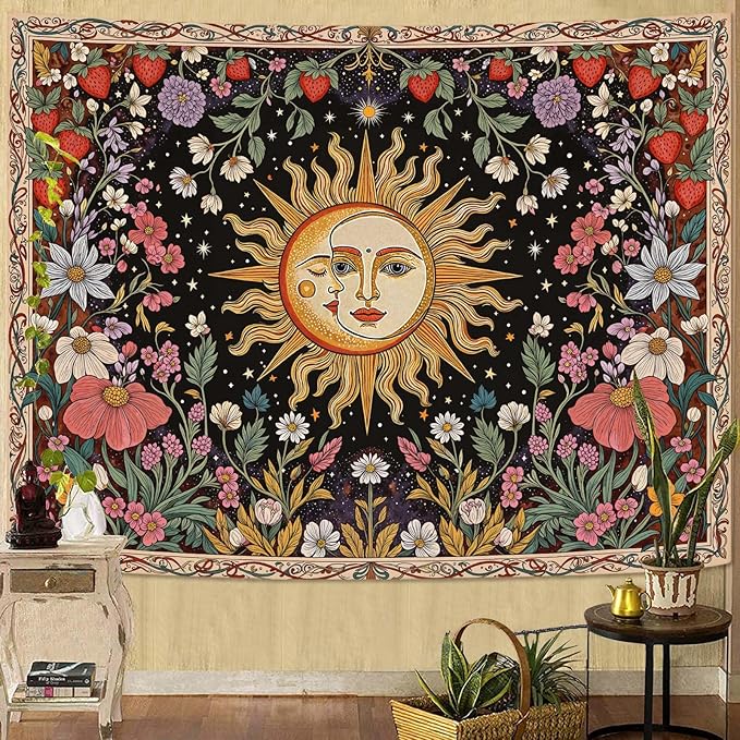 Accnicc Sun and Moon Tapestry Boho Vintage Floral Wall Tapestry for Bedroom Aesthetic Hippie Celestial Botanical Colorful Plant Small Tapestries Wall Hanging for Living Room Dorm 48 x 36 Inch