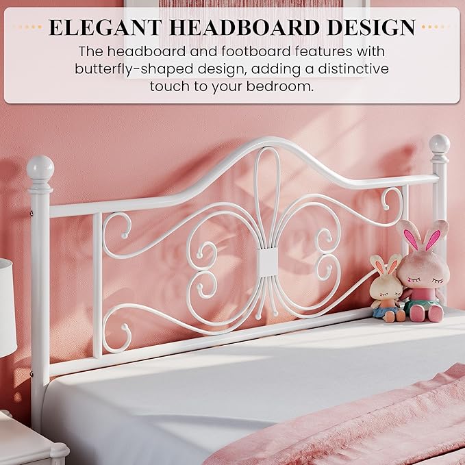 SHA CERLIN Queen Size Bed Frame with Headboard,Metal Bed Frame with Butterfly Pattern Design Headboard & Footboard,No Box Spring Needed,Easy Assembly,White