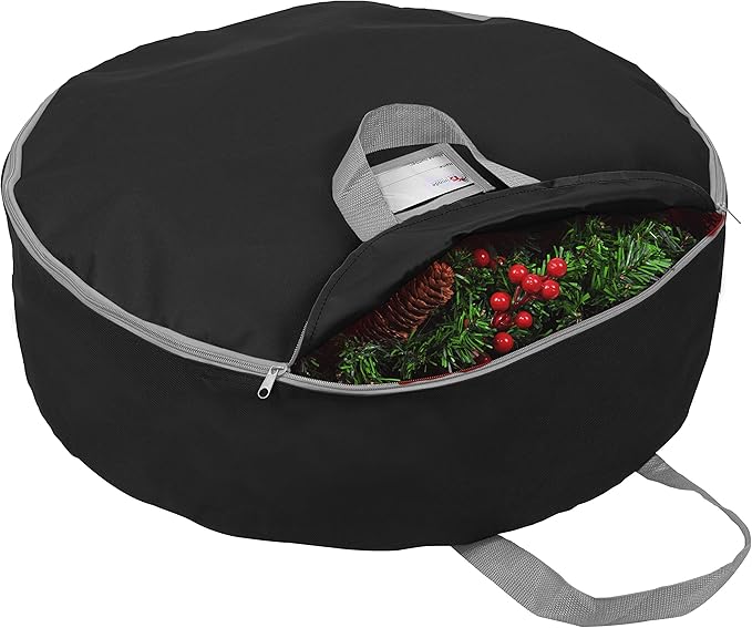 Primode Heavy Duty Christmas Wreath Storage Bag 24"- Garland Wreaths Container with Handles - Durable 600D Oxford Polyester Material Holiday Wreaths Storage Holder 24” (Black)