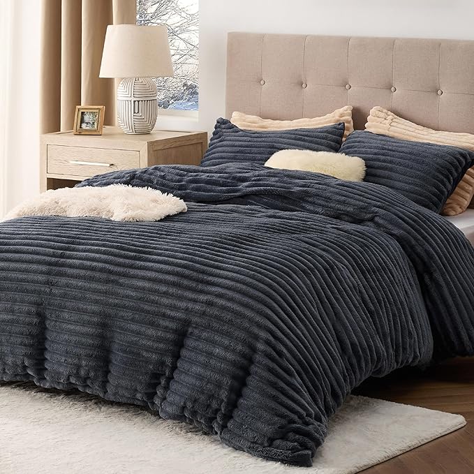 Bedsure Fluffy Duvet Cover Set - Ultra Soft Plush Shaggy Comforter Cover King Size, Warm Flannel Fleece Bed Sets for Winter, 3 Pieces (Striped Pattern, Dark Grey)