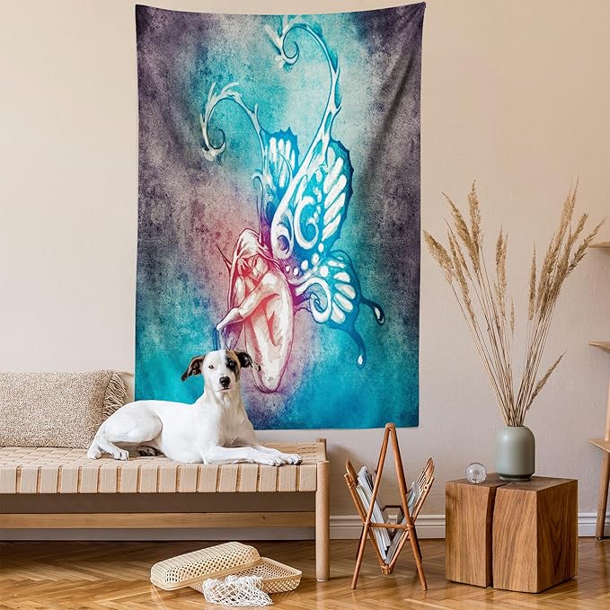 Ambesonne Butterfly Tapestry Queen Size, with Butterfly Wings Renewal Female Rebirth Psyche Lightness of Being, Wall Hanging Bedspread Bed Cover Wall Decor, 88" X 88", Blue Purple