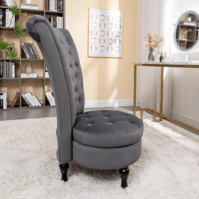 Royal High-Back Velvet Accent Chair for Vanity with Storage and Luxurious Upholstery, Retro Design and Versatile Usage for Livingroom, Bedroom, Lounge and Office, Grey