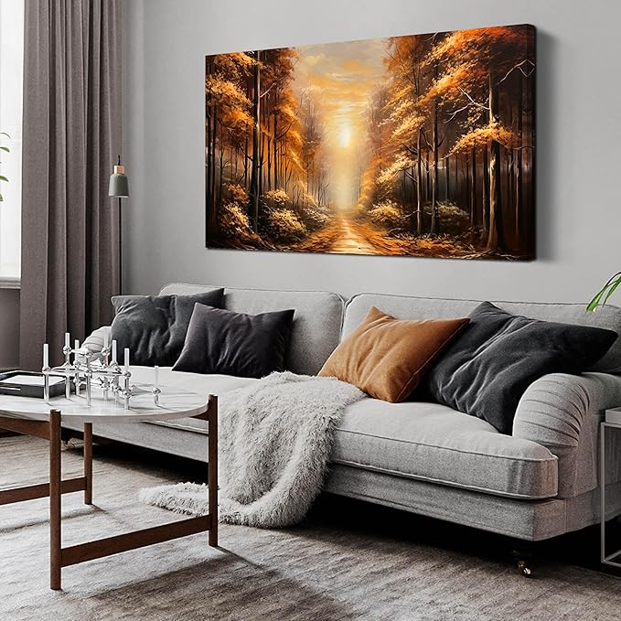 Large Wall Art for Living Room Bedroom Office Gold Forest Artwork Sunrise Landscape Nature Pictures Modern Wall Art Framed Canvas Prints 24x48 Inch