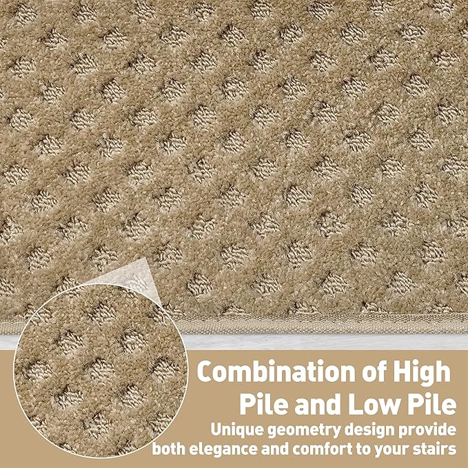 PURE ERA Bullnose Carpet Stair Treads Set Tape Free Non-Slip Indoor Stair Protectors Pet Friendly Rugs 9.5" x 30"(2 Pieces,Khaki Mini-Diamond Trellis)