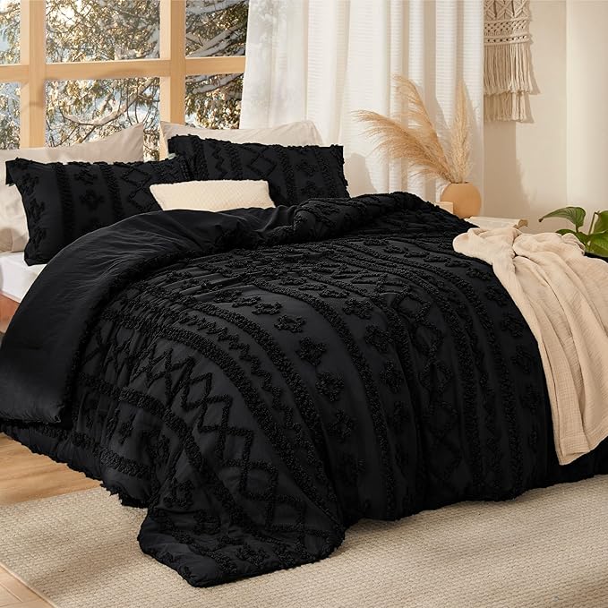 Bedsure Tufted Boho Comforter Set Queen Size - Black Boho Bed Set, GentleSoft™ 3 Pieces Farmhouse Shabby Chic Embroidery Bedding, Gifts for Woman, Soft Jacquard Queen Comforter for All Seasons