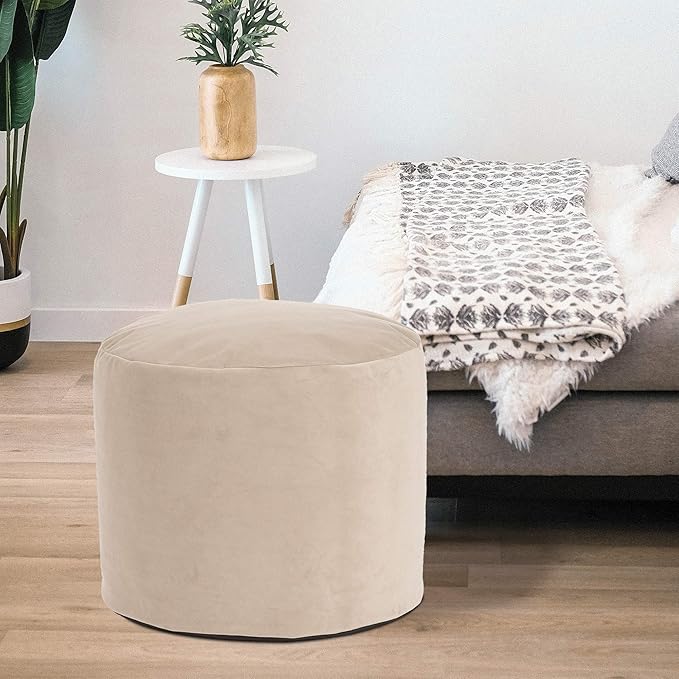 Howard Elliott Tall Round Pouf Ottoman Foot Rest With Cover, Round Stuffed Filled Foot Stool, Fluffy Comfortable Soft Seating for Living Room & Bedroom, 22 x 22 x 18 Inch, Bella Sand