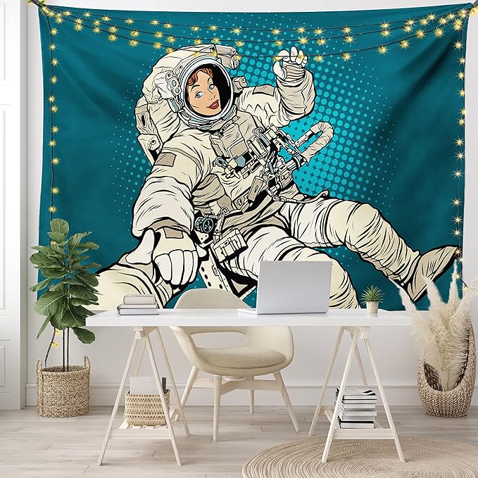Ambesonne Outer Space Tapestry, Woman Astronaut Hands with Her Better Half Pop Art Style Comic Graphic, Fabric Wall Hanging Decor for Bedroom Living Room Dorm, 28" X 23", Beige Blue