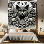 Ambesonne Gothic Tapestry King Size, Classic Spooky Rose Ornated Skulls and Black Cat with Spider Print, Wall Hanging Bedspread Bed Cover Wall Decor, 88" X 88", Dark Grey Green and Eggshell