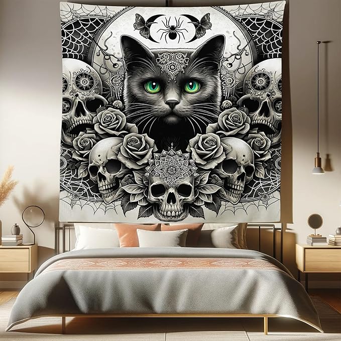 Ambesonne Gothic Tapestry King Size, Classic Spooky Rose Ornated Skulls and Black Cat with Spider Print, Wall Hanging Bedspread Bed Cover Wall Decor, 88" X 88", Dark Grey Green and Eggshell