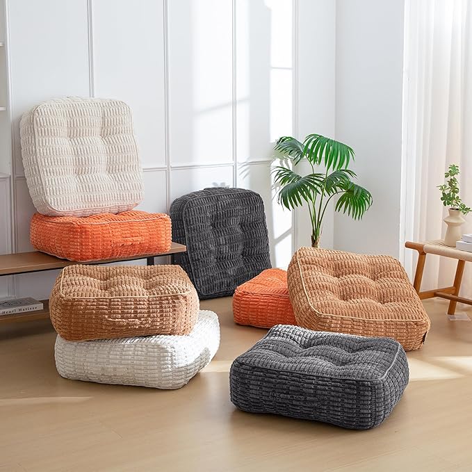 8" Washable Floor Pillow Cushion for Adults, Meditation Cushion Pillow, Removable Tufted Blended Corduroy Cover, Large Square Floor Sitting for Tatami Living Room or Yoga, 2Pack, Machine Washable