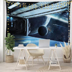Ambesonne Outer Space Tapestry, Moon Before Station Planet Apocalypse Landing Alternative Humanoid Robots Print, Fabric Wall Hanging Decor for Bedroom Living Room Dorm, 45" X 30", Night Blue