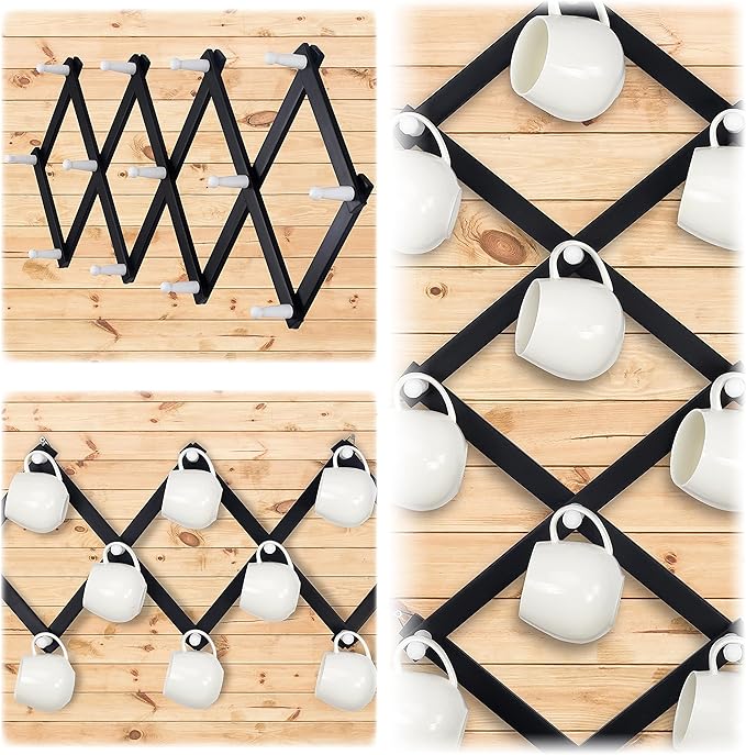 Dseap Accordian Wall Hanger: 16” High Wooden Wall Expandable Coat Rack, Hat Rack Holder, Accordion Hook for Baseball Caps, Coats, Mugs, 13 Peg Hooks, Black & White