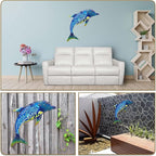 John's Studio Dolphin Wall Decor Outdoor Metal FIsh Sea Hanging Art Glass Sculptures Home Ocean Theme Decorations for Living Room, Bedroom, Yard, Fence and Patio - 17.5 Inches