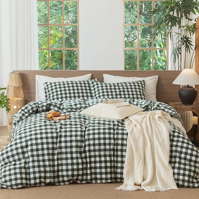 MooMee Gingham Duvet Cover Set 100% Washed Cotton Linen Like Textured Breathable Durable Soft Comfy Modern Checkered Design (Buffalo Plaid Forest Green, Oversized Full 82"x86")