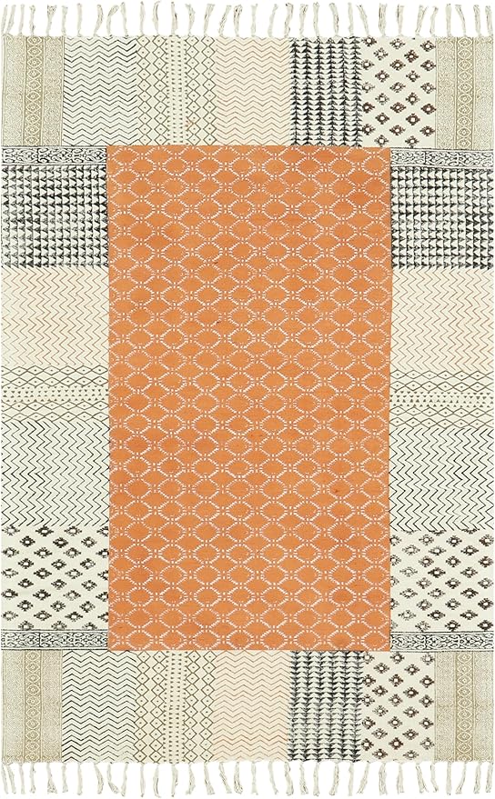Kilim Rug 4x8 Area Rug Orange & Beige Cotton Dhurrie Oriental Thick 0.19 inches Stone Easy Washable Rug Hand Wash Cotton Carpet Flatweave Rug Indoor Outdoor Rugs for Kitchen, Bedside, Enterway