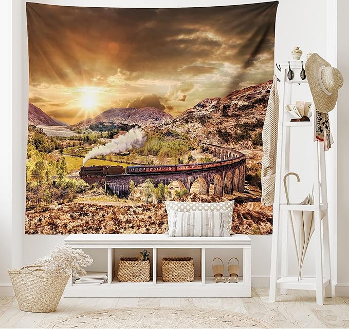 Ambesonne Wizard Tapestry, Wizard Express Famous Train Landscape Glenfinnan Railway Viaduct Scotland Sunset, Wide Wall Hanging for Bedroom Living Room Dorm, 60" X 40", Brown Green