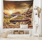 Ambesonne Wizard Tapestry, Wizard Express Famous Train Landscape Glenfinnan Railway Viaduct Scotland Sunset, Fabric Wall Hanging Decor for Bedroom Living Room Dorm, 28" X 23", Brown Green
