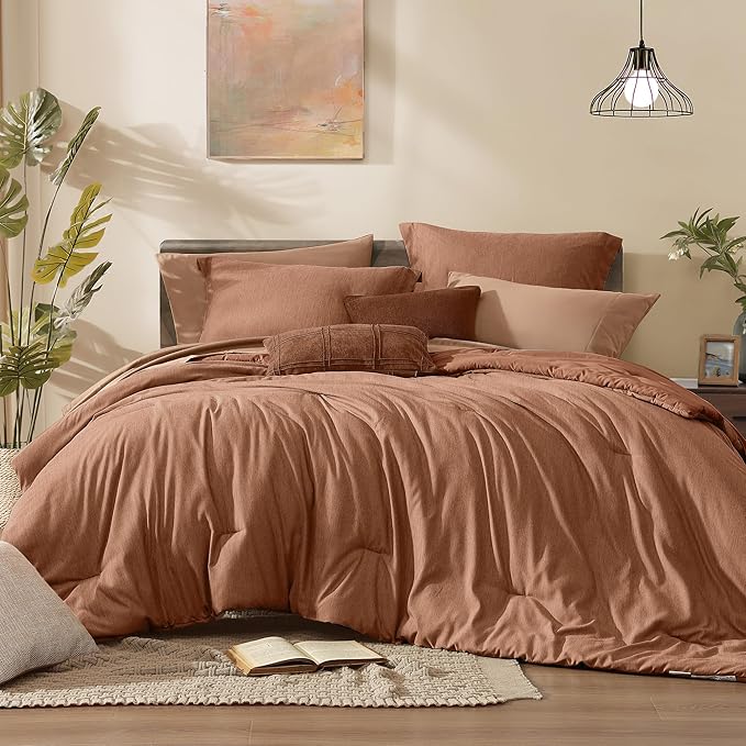 Monbix Oversized King Comforter Set - 7 Pieces Cationic Dyeing Autumn Leaf Bed in a Bag Bed Sets with Comforter, Sheets, Pillowcases & Shams, Reversible Bedding Comforters Sets (120 * 98)