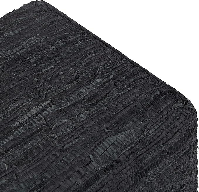 SIMPLIHOME Fredrik Square Pouf - 18 inch Wide Genuine Woven Leather Ottoman in Black, Boho-Style Footstool or Extra Seating for Living Room or Bedroom with Polystyrene Bead Filling, Assembled