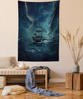 Ambesonne Landscape Tapestry Twin Size, Stormy and Rainy Weather Waves Vintage Ship Sailing Oil Paint, Wall Hanging Bedspread Bed Cover Wall Decor, 68" X 88", Dark Cadet Blue White
