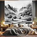 Ambesonne Mountain Tapestry King Size, Monochrome Art Scenic Mounts with Wooded Lands Featuring Eastern Mandala, Wall Hanging Bedspread Bed Cover Wall Decor, 104" X 88", Pale Grey Dark Taupe