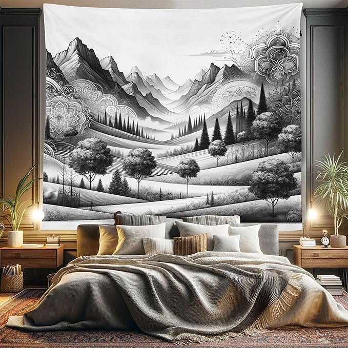 Ambesonne Mountain Tapestry King Size, Monochrome Art Scenic Mounts with Wooded Lands Featuring Eastern Mandala, Wall Hanging Bedspread Bed Cover Wall Decor, 104" X 88", Pale Grey Dark Taupe