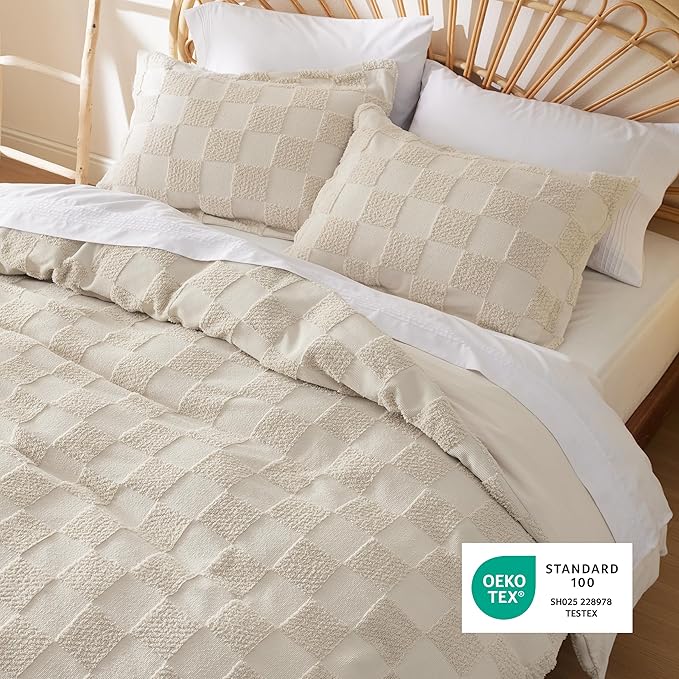 Bedsure Boho Kids Duvet Cover Queen Size（Duvet Insert/Comforter not Included - Checkered Duvet Cover Queenfor All Seasons,Soft Shabby Chic Boho Bedding (Beige, 90" x 90")
