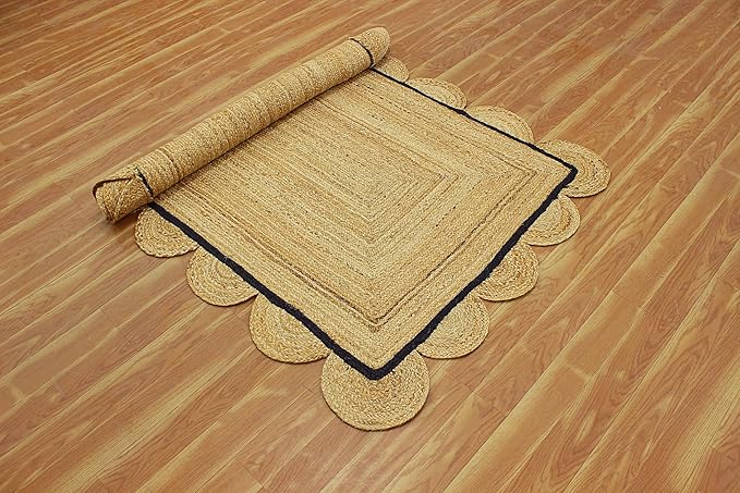 Scalloped Jute Rug, Hand Woven Runner Area Rug, 4x15 Ft Beige & Black Braided Natural Sisal Kilim Rugs for Living Room, Kitchen, Entryway, Farmhouse