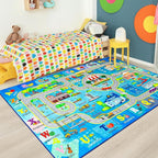 Chicrug 4x6 Car Road Area Rug for Kids Playroom Bedroom, Non Slip Low Pile Washable ABC Alphabet Carpet for Classroom, City Track Play Mat for Toddler Children Nursery Baby Room Decor, Blue