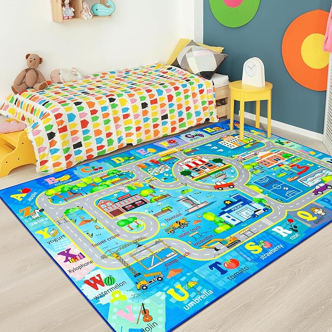 Chicrug 4x6 Car Road Area Rug for Kids Playroom Bedroom, Non Slip Low Pile Washable ABC Alphabet Carpet for Classroom, City Track Play Mat for Toddler Children Nursery Baby Room Decor, Blue