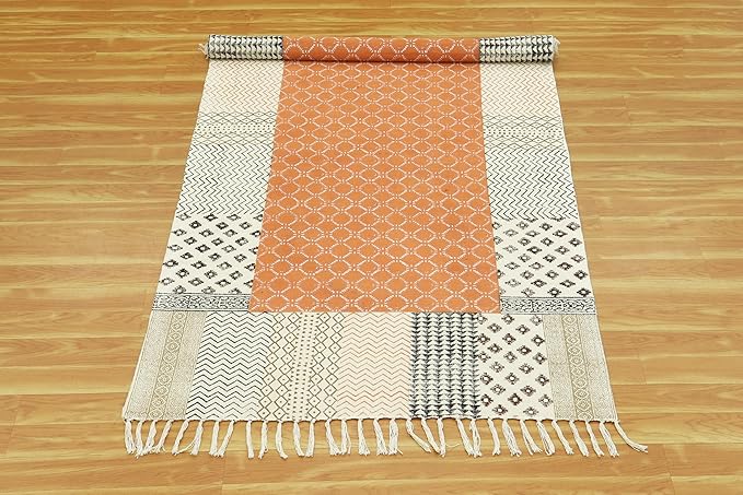Kilim Runner 3x10 Cotton Runner Rug Orange & Beige Flatweave Runner 0.19 inches Stone Easy Washable Hand Wash Cotton Carpet Indoor Outdoor Runner Rugs for Hallway, Staircases, Corridor Runner