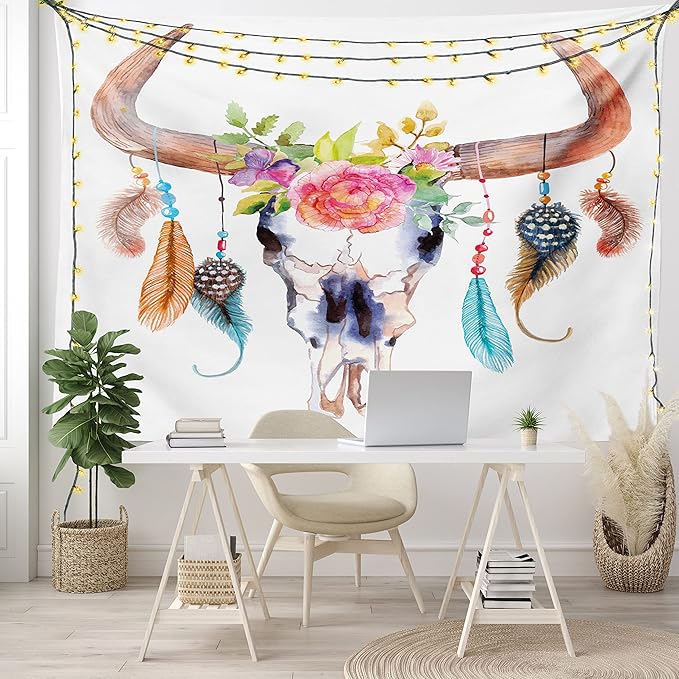 Ambesonne Feather Tapestry, Watercolor Style Bull Skull Ornaments Vibrant Image, Fabric Wall Hanging Decor for Bedroom Living Room Dorm, 45" X 30", White Brown