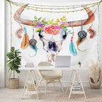 Ambesonne Feather Tapestry, Watercolor Style Bull Skull Ornaments Vibrant Image, Fabric Wall Hanging Decor for Bedroom Living Room Dorm, 45" X 30", White Brown