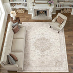 Beige Area Rug 8x10 Washable Vintage Carpet for Living Room Bedroom Large Soft Retro Low Pile Thin Indoor Rug Non Slip Oriental Medallion Floor Cover for Dining Room Office