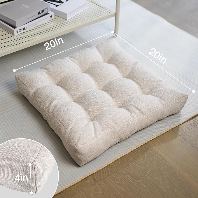 Tromlycs Floor Pillow Cushions for Adults Set of 2 Large Square Gel Memory Foam Pillows for Seating 20 x 20 x 4 Inch Beige