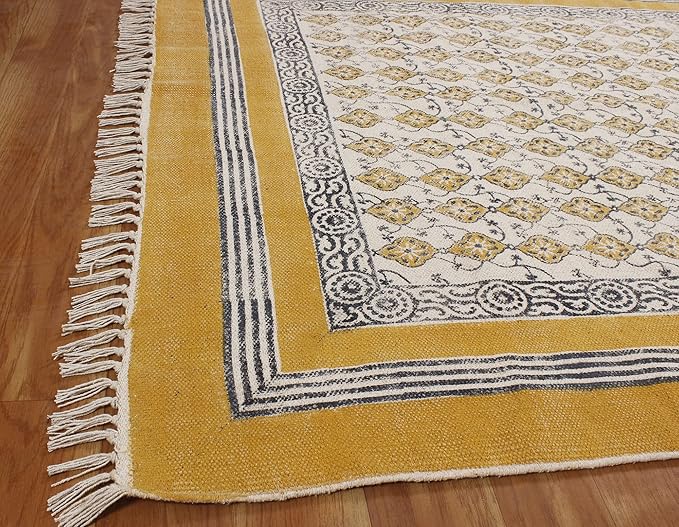 Area Rug 6x8 Kilim Rug Yellow & Beige Cotton Dhurrie Oriental Thick 0.19 inches Stone Easy Washable Rug Hand Wash Cotton Carpet Flatweave Rug Indoor Outdoor Rugs for Living Room, Bedroom
