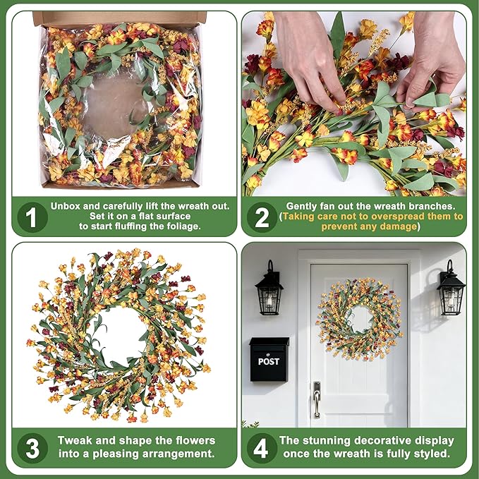 Wreaths for Front Door, 24 Inch Spring/Summer Front Door Wreath, Colorful Paper Flower Wreath for All Seasons for Indoor Home Wall Window Office Wedding Farmhouse Decor (Orange)