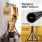 HOKEEPER Clothes Rack with Wood Shelves Height Adjustable Clothing Rack with Lockable Wheels 500LBS Portable Wooden Garment Closet for Bedroom, Living Room, Laundry, Balcony, Black