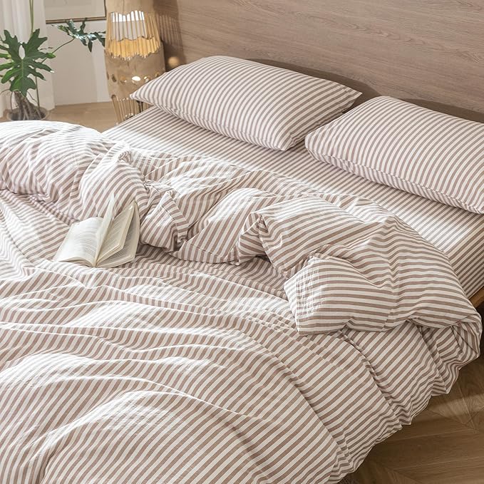 MooMee Striped Duvet Cover Set 100% Washed Cotton Linen Like Textured Breathable Durable Soft Comfy (Orange Classic Stripes, Super King 108"x98")
