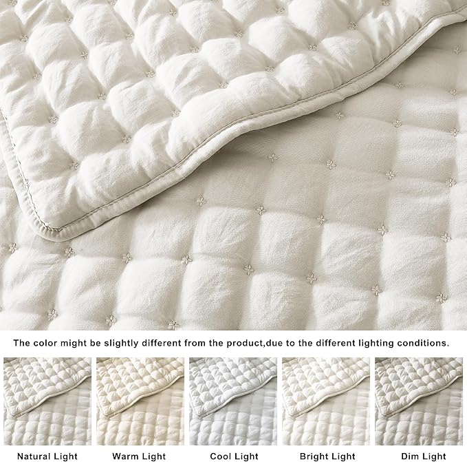 WDCOZY Ivory Queen Size Quilts Bedding Sets with 2 Pillow Shams, Lightweight Soft Bedspread Coverlet, Quilted Blanket Thin Comforter Bed Cover for All Season, 3 Pieces, 90x90 inches