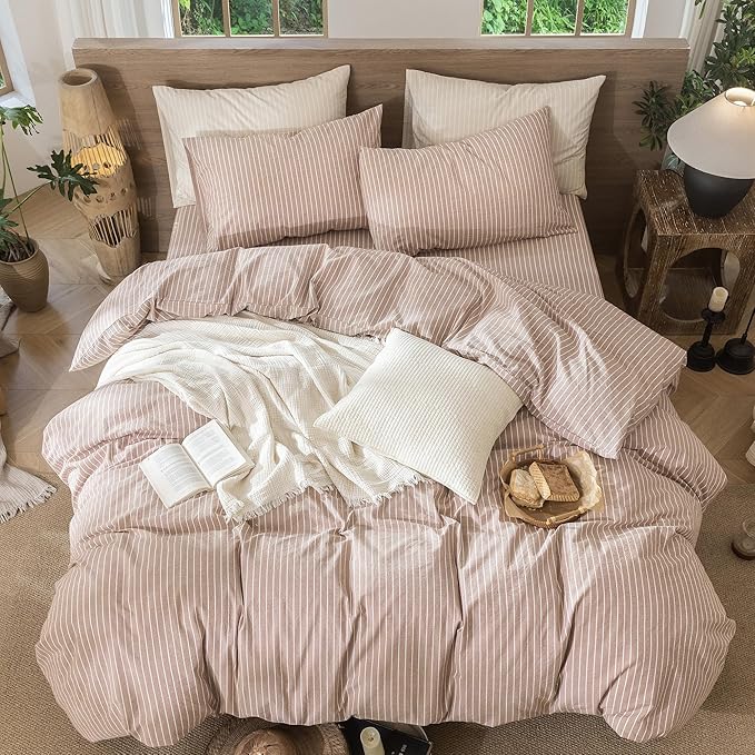 MooMee Striped Duvet Cover Set 100% Washed Cotton Linen Like Textured Breathable Durable Soft Comfy (Orange White Wide Stripes, Super Queen 90"x98")