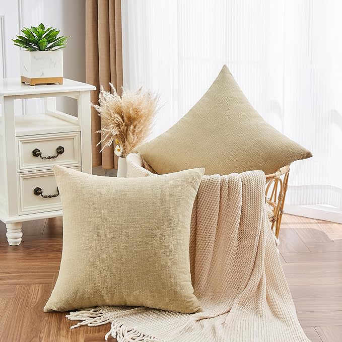 GAWAMAY Decorative Chenille Throw Pillow Covers 26x26 Inch Pack of 2, Soft Square Couch Pillow Cover for Sofa Cushion Living Room Bedroom Solid Dyed Oversized Pillowcases Khaki 66x66cm (ONLY Covers)