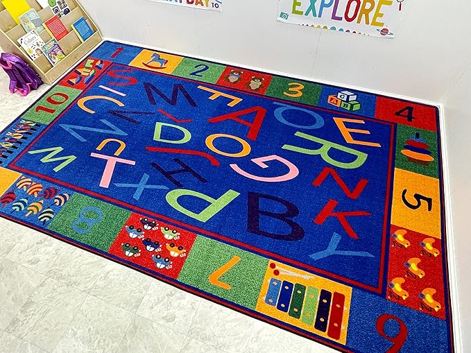 KIDCARPET.COM Alphabet and Numbers Rectangle Classroom Rug | Bordered Area Rug for Preschool Daycare Learning, 7'6" x 12'